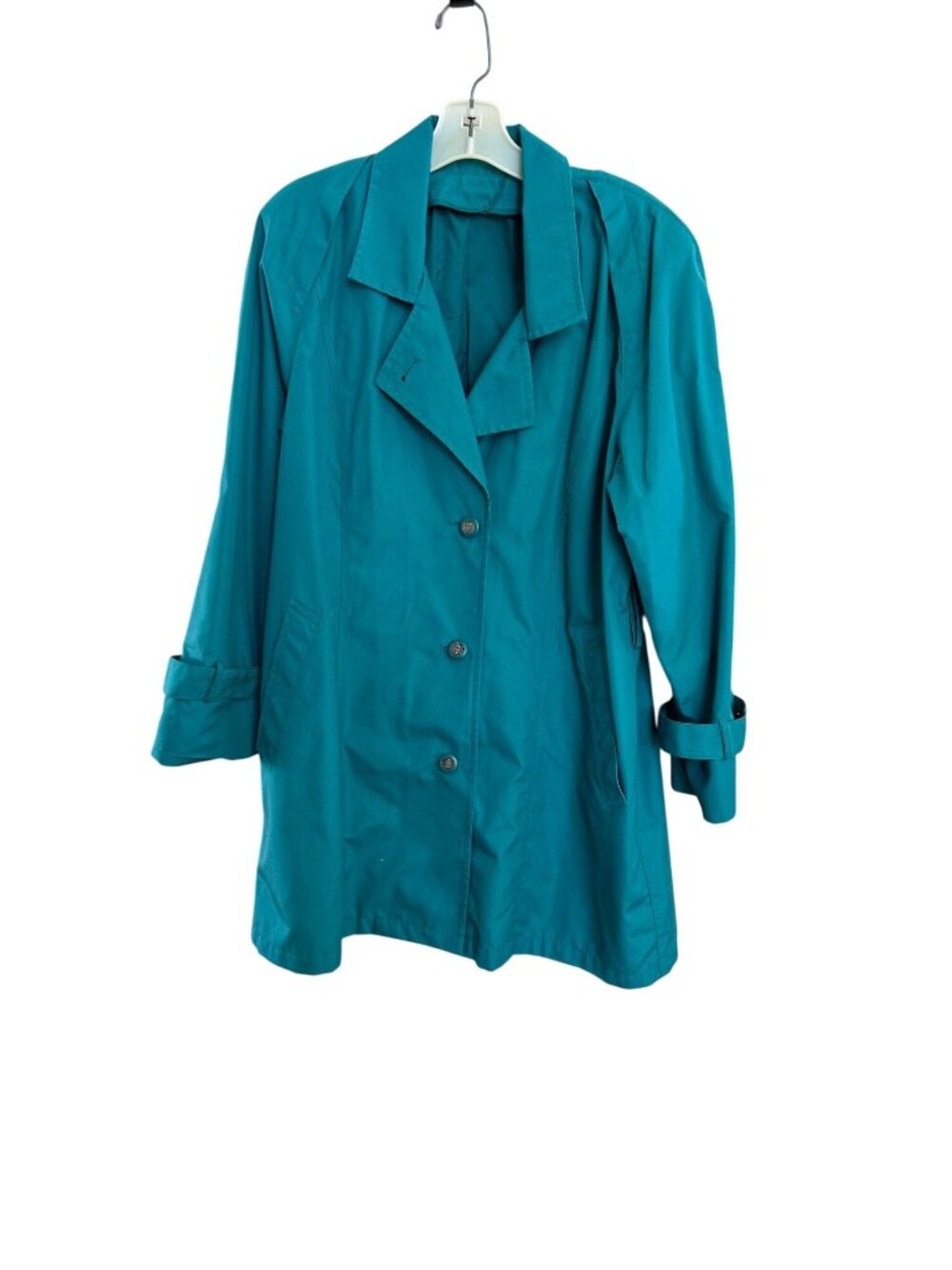 Vintage London Fog Womens Trench Coat 10R Teal Turquoise Button Front Retro